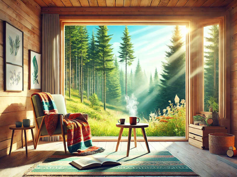 A cozy cabin interior with a large window overlooking a sunlit forest, featuring a chair, table with coffee cups, and an open book.