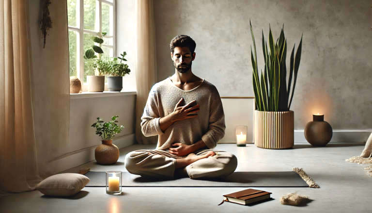 A man practicing mindful breathing on a yoga mat in a minimalist, serene space with natural light, a plant, a candle, and a journal.