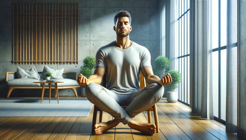 Man meditating sat in a chair at home.