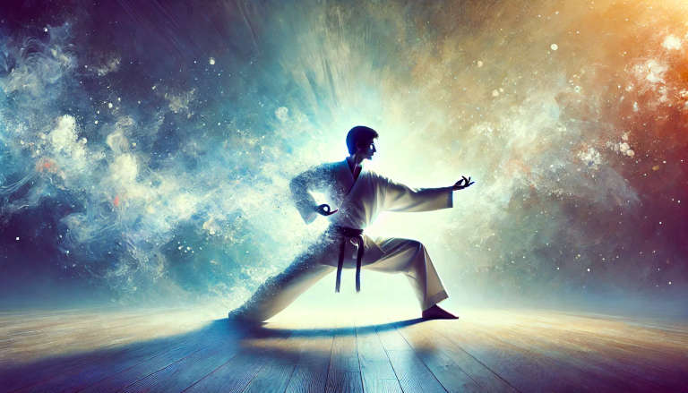 Martial artist performing a graceful, flowing movement against an ethereal background.