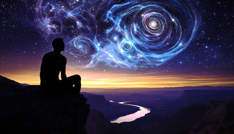 Silhouette of person seated on cliff at dusk gazing at the horizon, with stars and nebula visible, symbolizing cosmic connection.