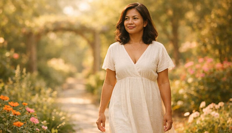 Woman walking slowly through a garden path with full awareness, surrounded by warm, diffused light.