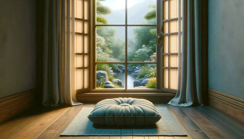 Meditation cushion in front of a window outlooking a natural scene.