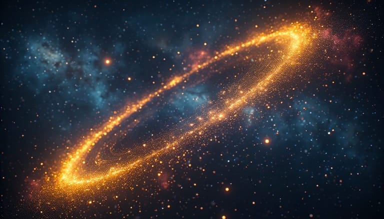A luminous golden elliptical flow of energy through a star-filled cosmos with soft nebula wisps.
