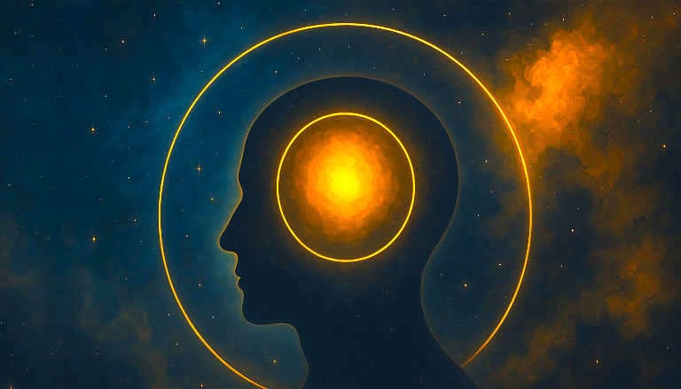 Silhouette of a head with glowing orb inside, set against a cosmic background.
