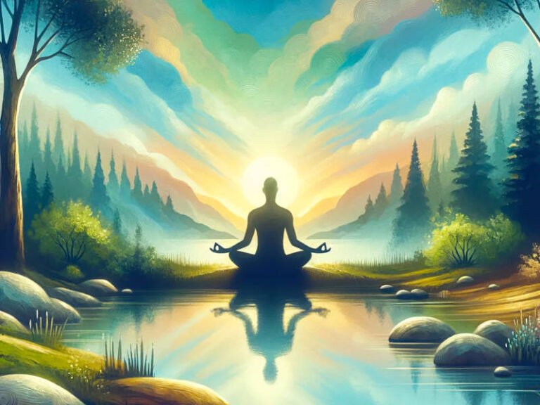 Silhouette of a person sitting crossed legged in nature meditating.