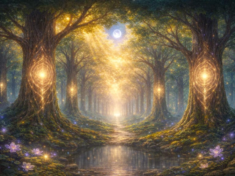 Mystical forest pathway with glowing trees, moon, and reflective water.