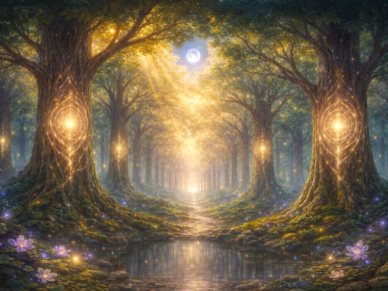 Mystical forest pathway with glowing trees, moon, and reflective water.