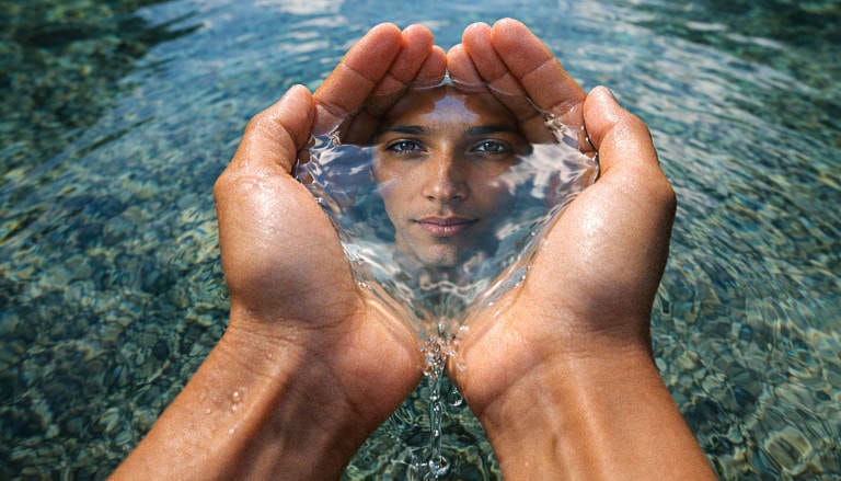 A man's hands cupping lake water, reflecting his face, symbolizing recognizing what has always been there.