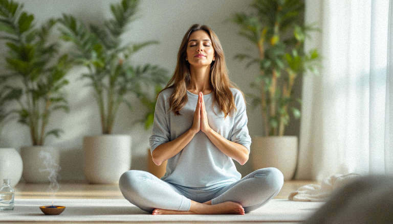 Person meditating in a peaceful room with plants and incense.