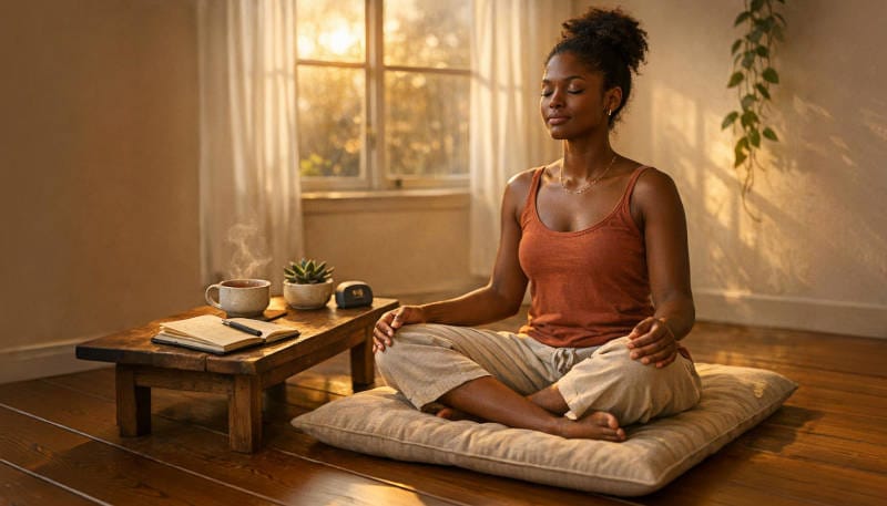 Woman meditating cross-legged with journal, tea, and timer on nearby table in morning light.