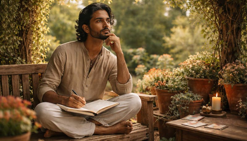 An man sits cross-legged on a wooden bench in a sunlit garden, holding a journal and gazing thoughtfully.