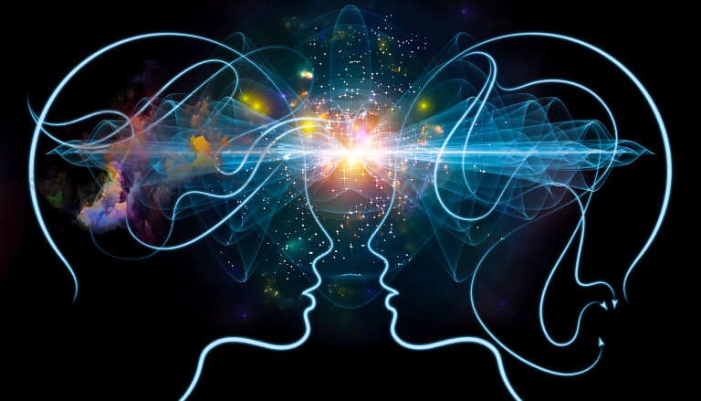 Two illuminated profiles connected by vibrant neural pathways, representing mindful listening and empathetic brain connection.