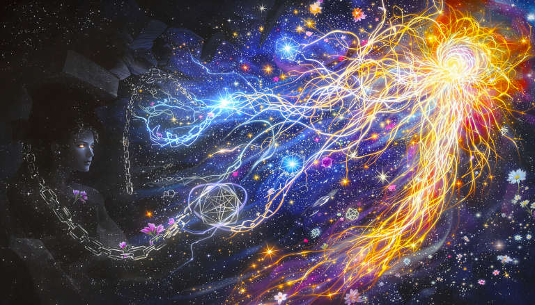 Figure breaking free from chains transforming into cosmic energy streams of blue and golden light against a starry universe.