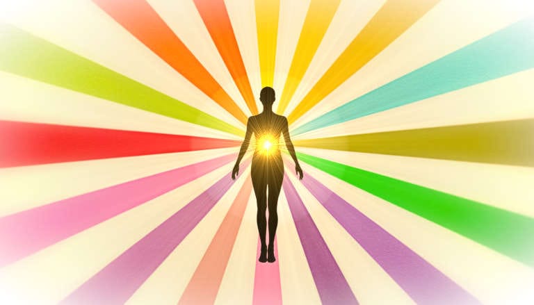 Woman's silhouette radiating colored light rays representing essential nutrients against a light background.