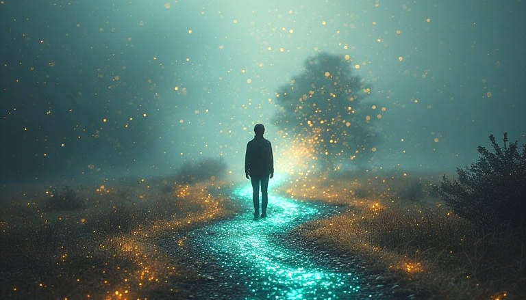 Silhouetted figure on a glowing teal path with amber and aqua particles swirling, symbolizing overflow and circulation.