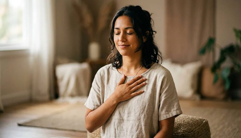 Person with olive skin tone sitting in meditation with hand on heart, eyes closed, in warm natural light.