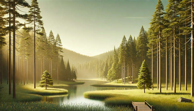 Serene lake surrounded by tall pine trees and soft sunlight.