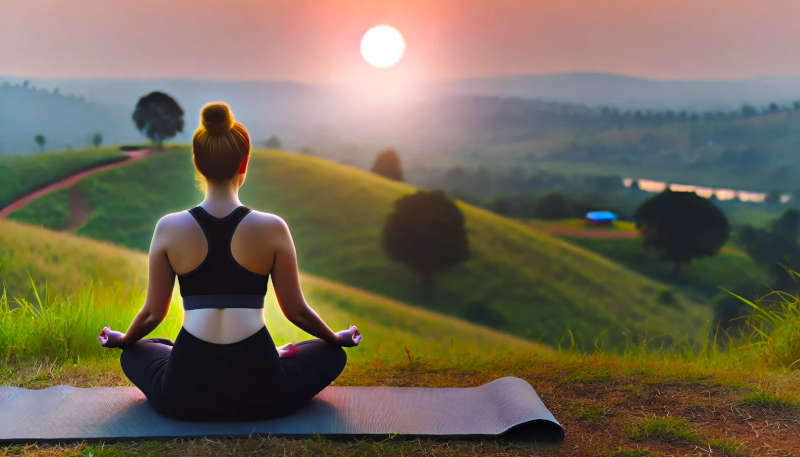 Person practicing Pranava Pranayama on a mat, overlooking a sunset in a hilly landscape.