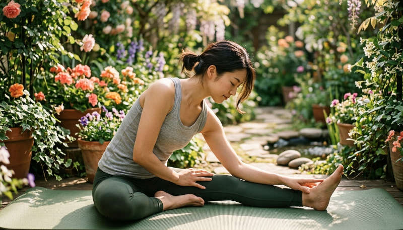 Woman in a forward fold stretch on a yoga mat in a flower garden, preparing body for meditation.