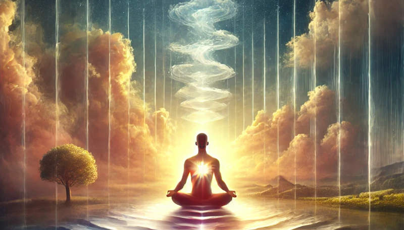 Person meditating with lifting veils, revealing light and serene landscape.