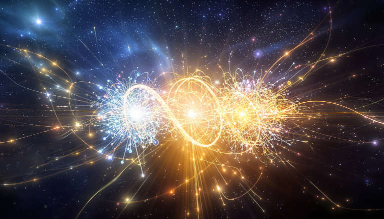 Cosmic quantum particle collision with glowing energy streams and light trails.