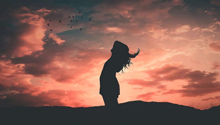 Silhouette of person with flowing hair against dramatic sunset sky with crescent moon and flying birds.