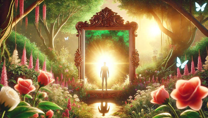 Majestic scene with a person reflecting in an ornate mirror in a vibrant, natural setting.