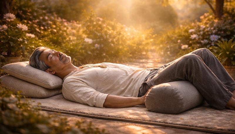 Man lying peacefully on his back with pillows supporting his knees in a sunlit garden in meditation.