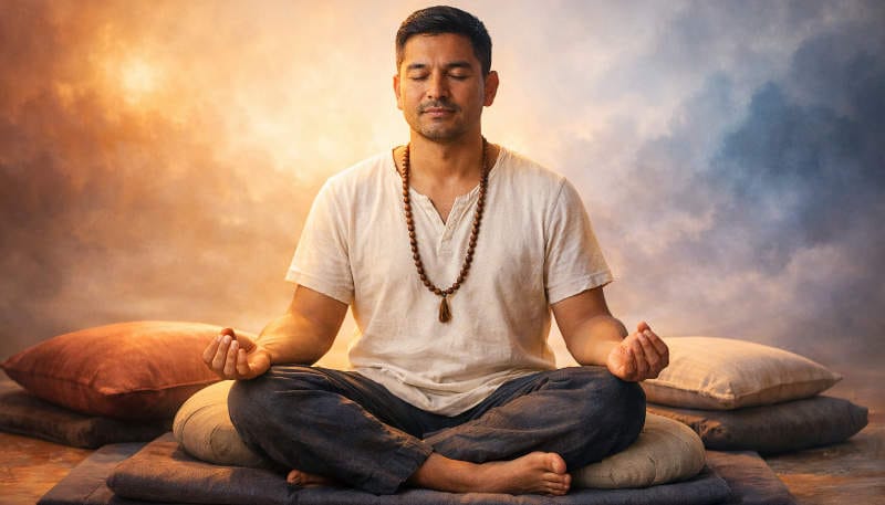 Man meditating surrounded by meditation cushions and mat in ethereal setting.