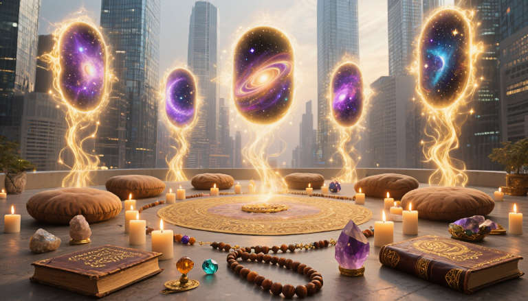 Spiritual objects with golden light and cosmic portals contrasting against shadowy city skyline.