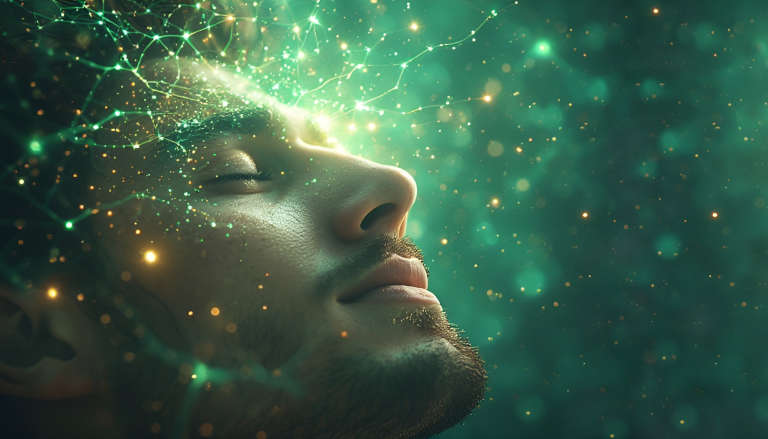 Man with eyes closed in green light, glowing neural pathways across forehead symbolizing belief rewiring and focused, calm mindset.