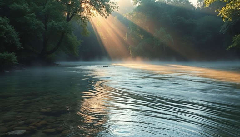 Calm river at dawn with soft sunlight filtering through trees, evoking peace and mindful flow.