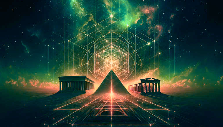 A pyramid and ancient temples illuminated by glowing sacred geometry patterns against a cosmic green nebula background.