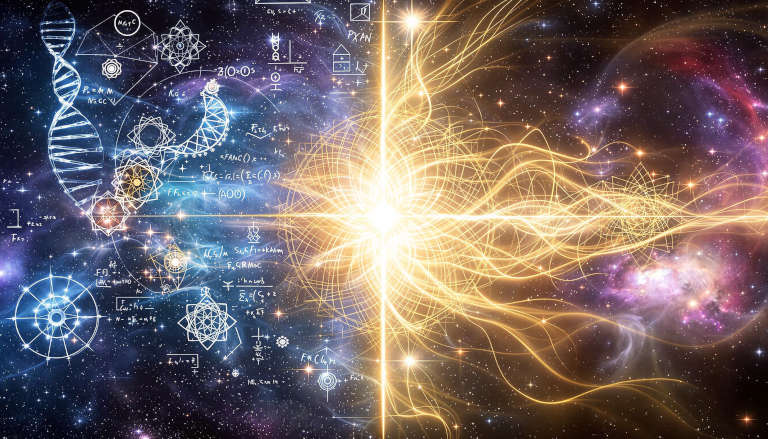 Split composition showing scientific elements merging with spiritual symbols, illustrating the convergence of science and spirituality in cosmic setting.