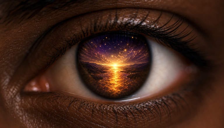 Close-up of an eye reflecting a golden river flowing toward a radiant horizon.