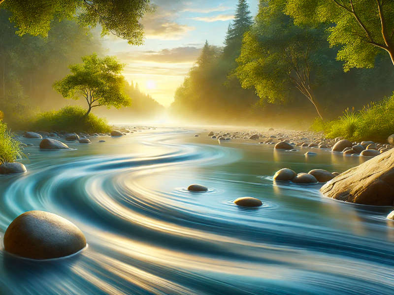 Tranquil river flowing smoothly around rocks, with sunlight filtering through trees, symbolizing effortless action and harmony.