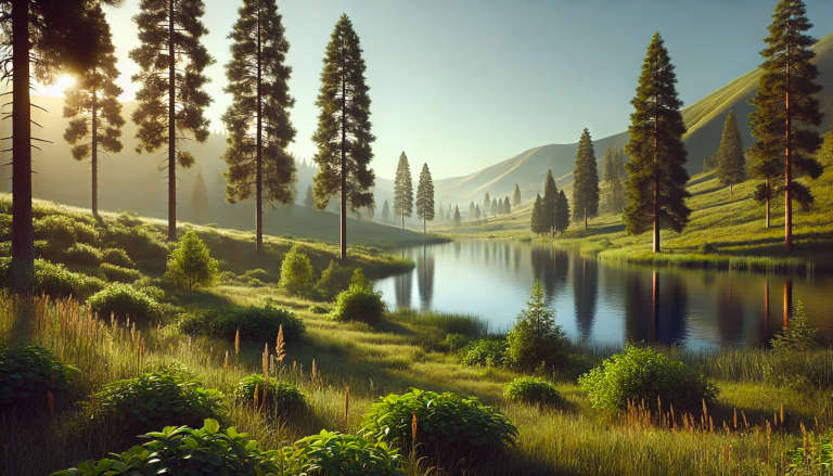 Tranquil lake with tall pines, meadow, and gentle hills in soft sunlight.