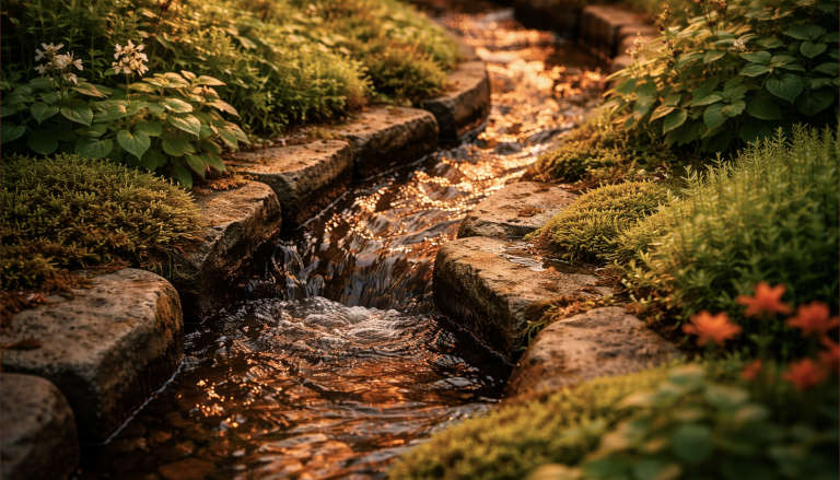 Water flowing in a garden, symbolizing conscious energy cultivation.