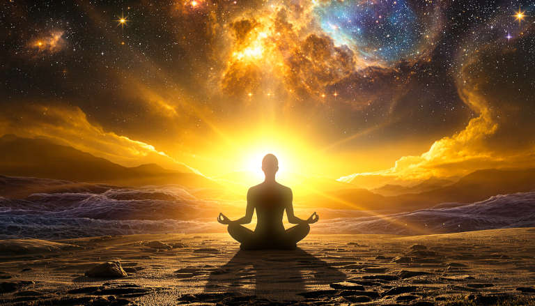 Silhouetted figure meditating as earthly landscape transitions into cosmic space, symbolizing presence, resilience, transcendence.