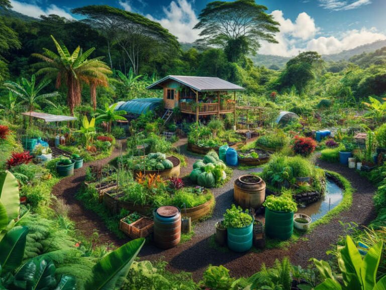 A lush permaculture farm with diverse plants and a wooden cabin amidst tropical foliage.