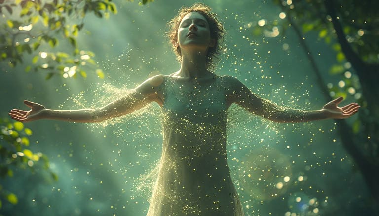 Woman standing in a green forest, arms outstretched, bathed in glowing golden-green particles symbolizing grounding and emotional release.