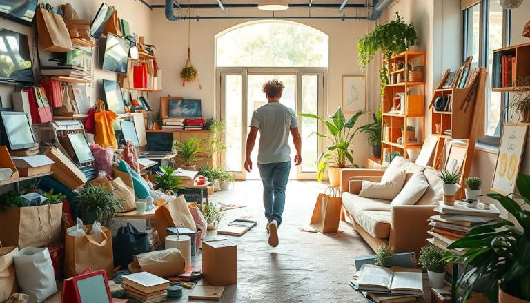 Person walking from a cluttered room filled with shopping bags and items toward a bright, open doorway.