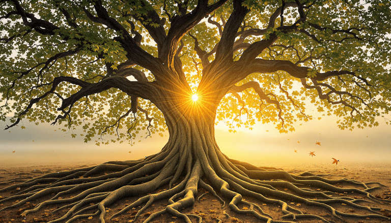Ancient tree with falling leaves revealing sunrise, symbolizing fasting truths emerging from myths.