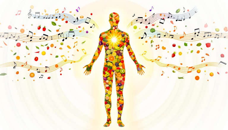 Silhouette filled with colorful foods and musical notes that transform into golden light, symbolizing how balanced nutrition nourishes the whole body.