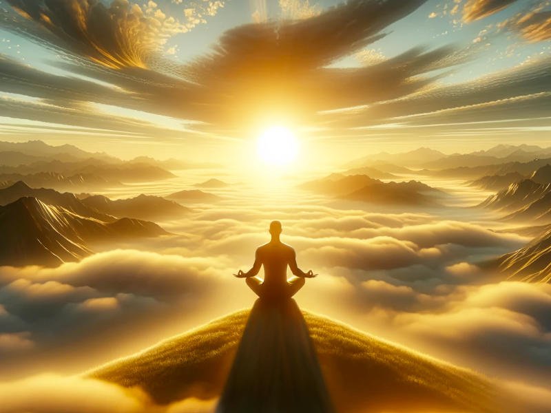 Person meditating on a mountaintop at sunrise with a serene landscape.