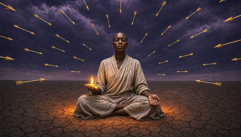 Figure seated in stillness while golden arrows freeze mid-flight around them against a stormy sky.