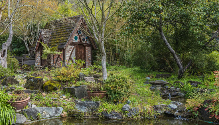 Cozy tiny house nestled in a sunlit natural setting.