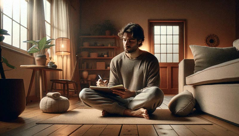 Man sitting cross-legged writing in a journal in a warm, sunlit home environment.