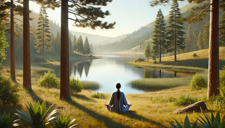 Woman meditating by a peaceful lake surrounded by pine trees and hills.